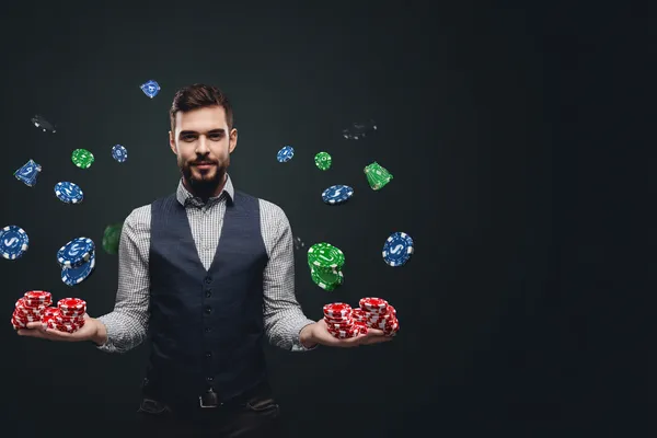 A confident dealer surrounded by casino chips inviting players to access their CD334 account, reflecting quick and easy login options.